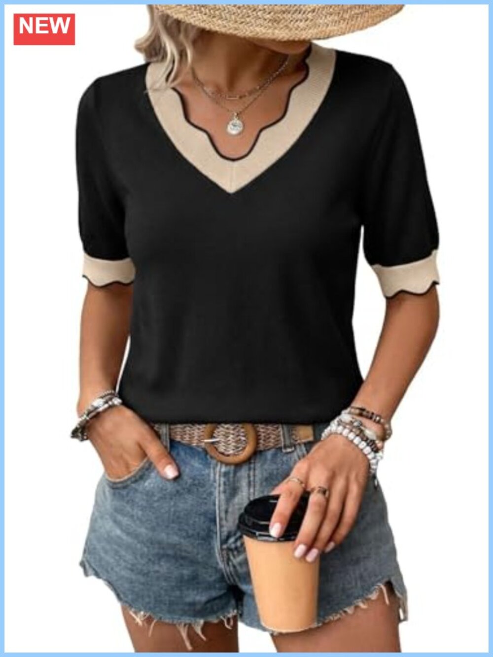 Viscose Blend V-Neck Short Sleeve Sweater with Scalloped Hem